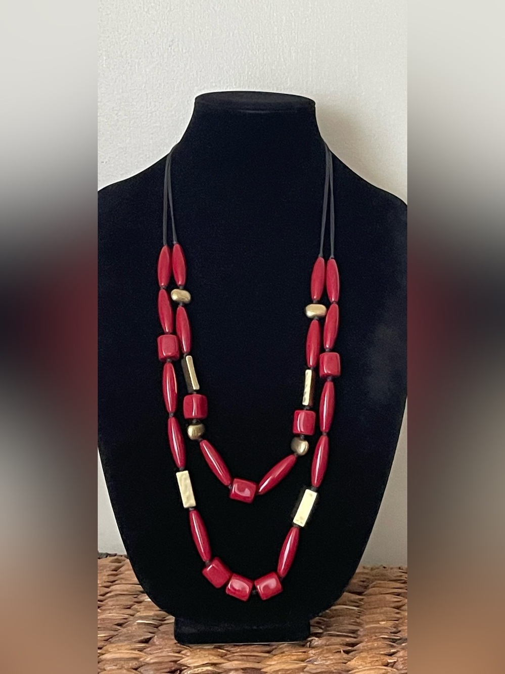 Chico's Two-Strand Red Bead Necklace with Gold Accents